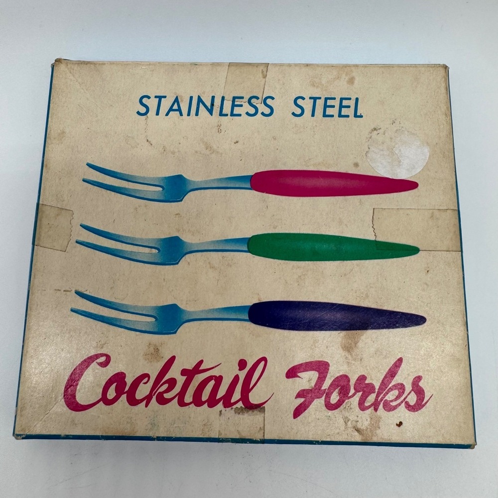 Vintage Stainless Steel Cocktail Forks Set 12 Multicolor Plastic Handle 3.5" MCM